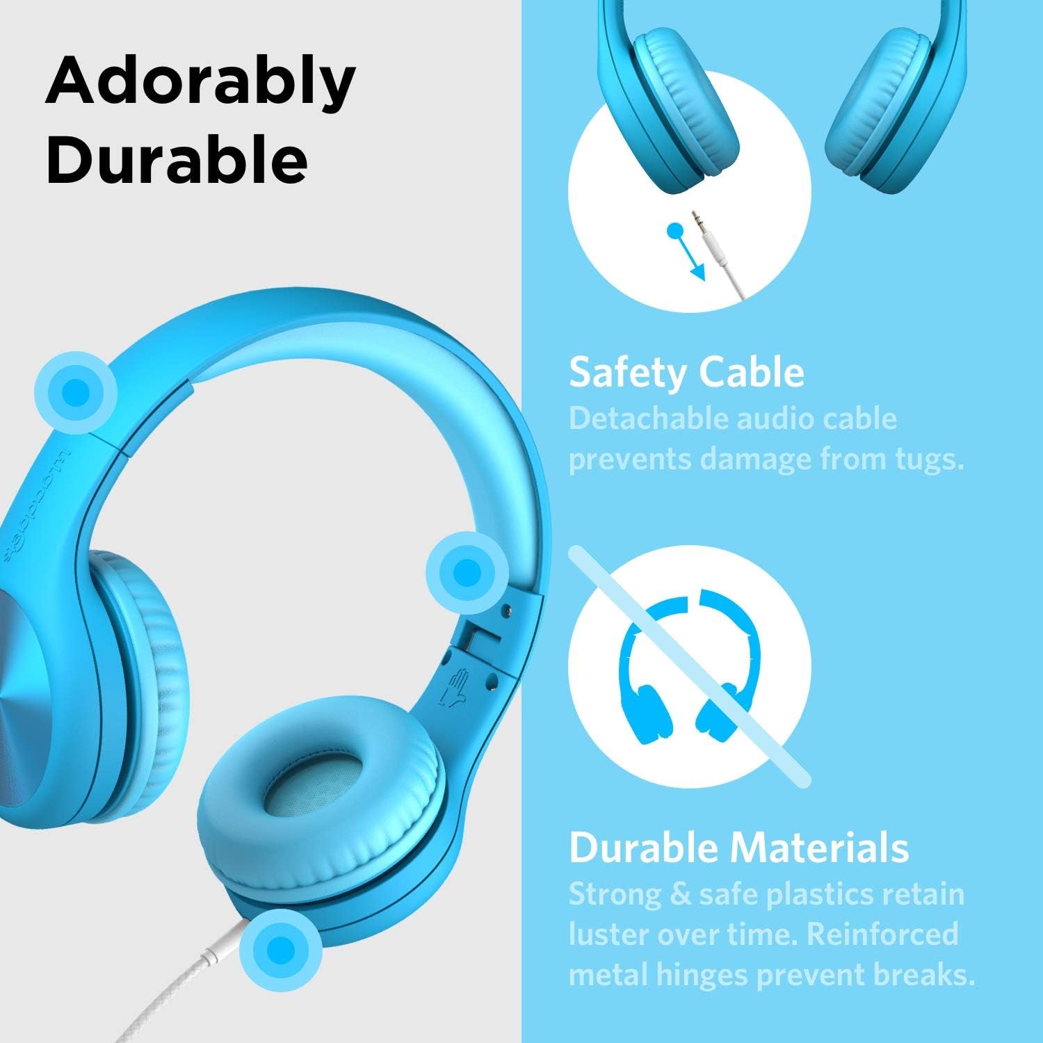 Connect+ Pro Wired Kids Headphones for School with Microphone, Volume Limiting Over-Ear Headset with Cord, Shareport Technology & Softtouch Padding, Blue