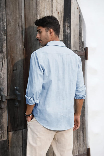 Mens Button down Shirt Linen Cotton Shirts Casual Long Sleeve Spread Collar Beach Plain Tops