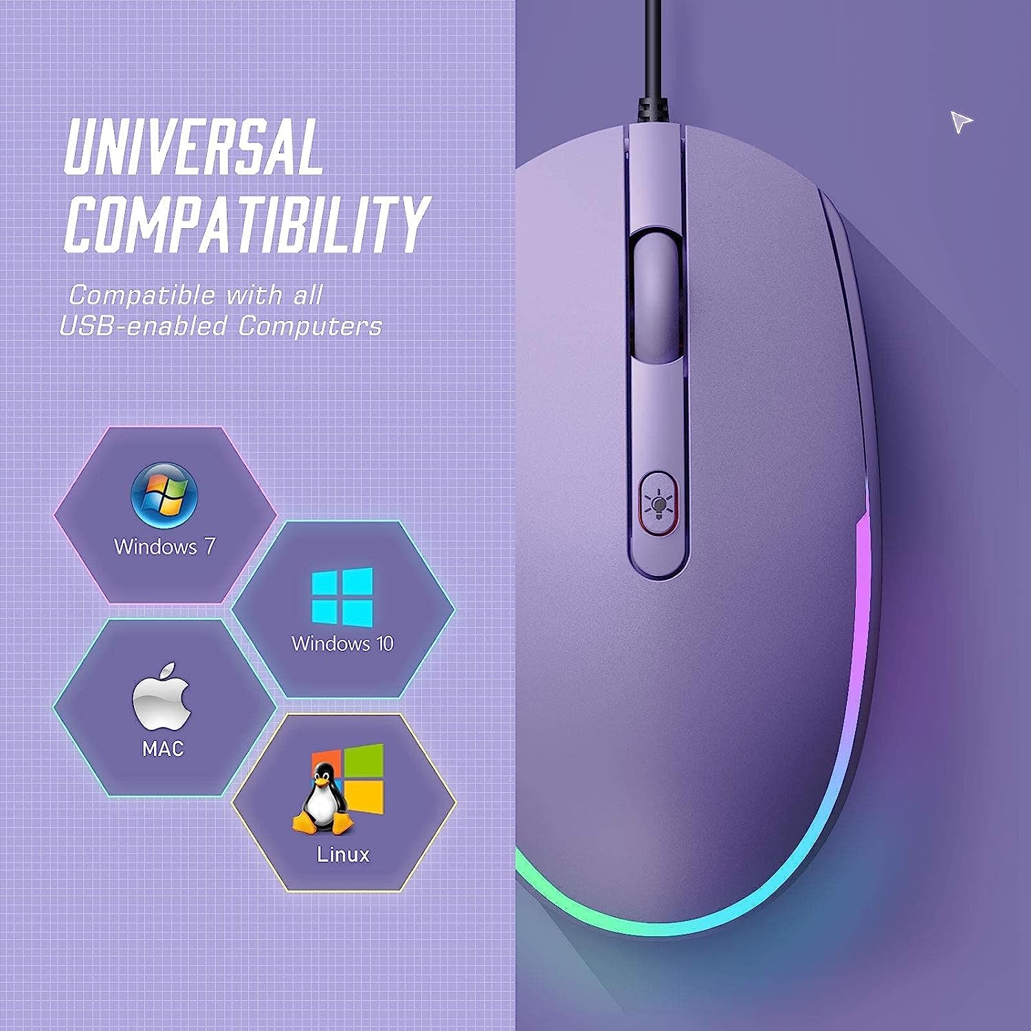 Wired Mouse - USB Computer Mice Wired with RGB Backlit Optical LED Mouse with Attached USB Cord for Laptops Notebooks Chromebook - Purple