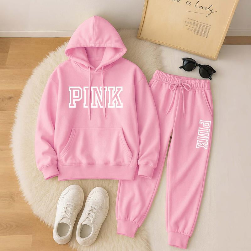 Women'S Pink Cartoon Print Hoodie and Drawstring Track Pants Set, Casual Sportswear, Long-Sleeved Hooded Jacket and Pants, Suitable for Autumn and Winter, Everyday Wear, Indoor and Outdoor Sportswear, Casual Sportswear.