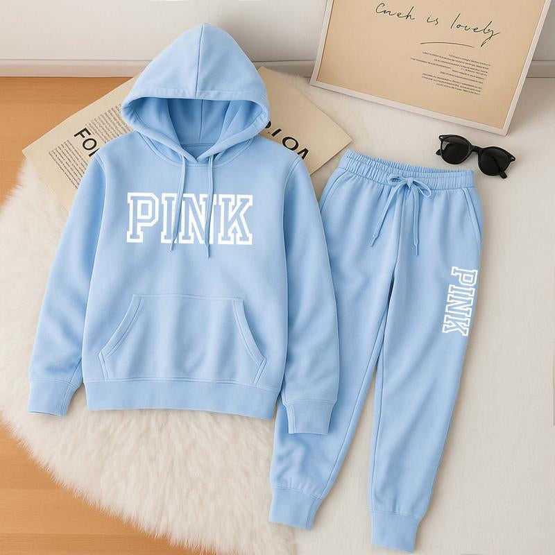 Women'S Pink Cartoon Print Hoodie and Drawstring Track Pants Set, Casual Sportswear, Long-Sleeved Hooded Jacket and Pants, Suitable for Autumn and Winter, Everyday Wear, Indoor and Outdoor Sportswear, Casual Sportswear.