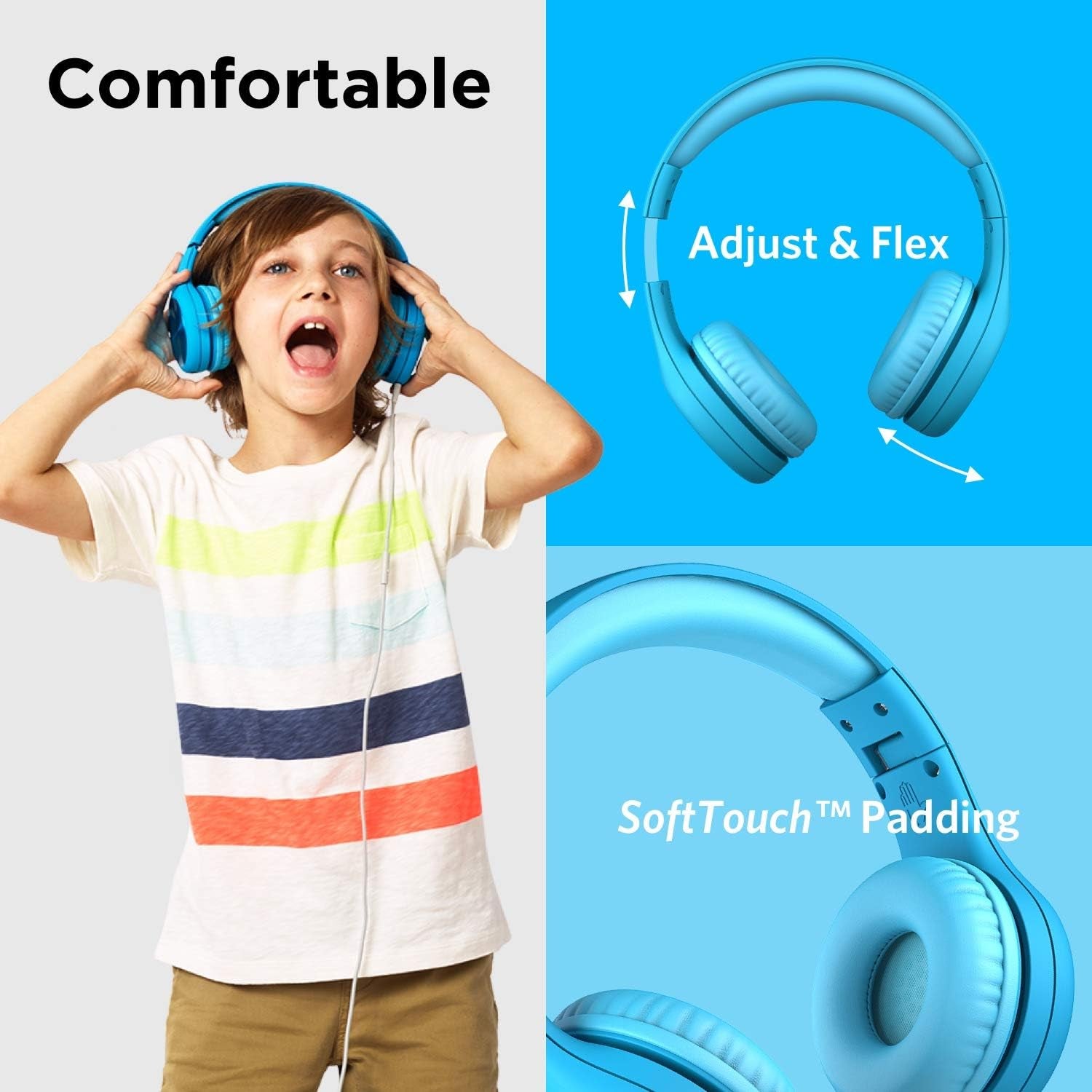 Connect+ Pro Wired Kids Headphones for School with Microphone, Volume Limiting Over-Ear Headset with Cord, Shareport Technology & Softtouch Padding, Blue