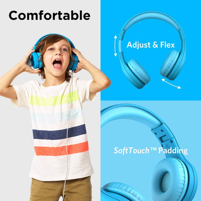 Connect+ Pro Wired Kids Headphones for School with Microphone, Volume Limiting Over-Ear Headset with Cord, Shareport Technology & Softtouch Padding, Blue